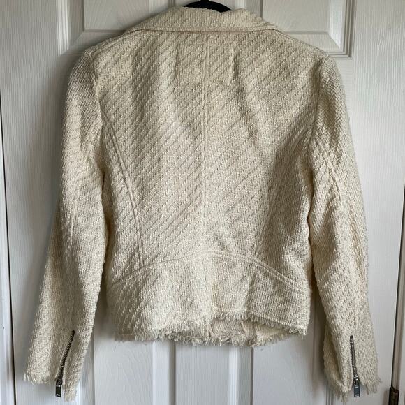 H&M Tweed Cream Moto Jacket NWT Fringe Hem Silver Hardware Sz 4 Shabby Chic - Picture 4 of 13